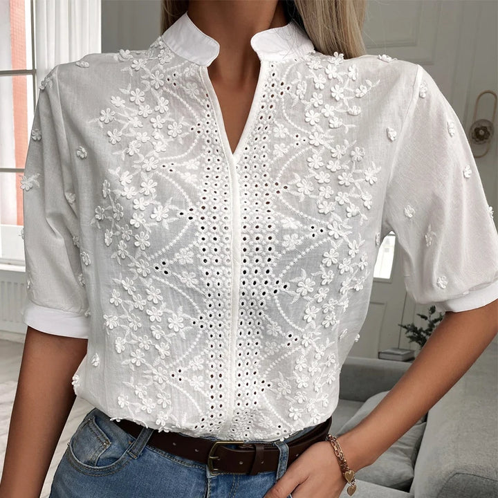 Liora - Wit shirt met lantaarnmouwen en V-hals